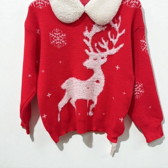 NWT J.ING Jing Red Pullover Oversize Christmas Sweater w/ White Collar One Size - Picture 7 of 9